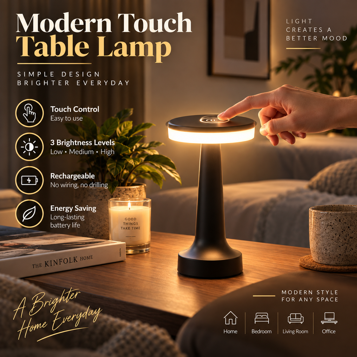 AuraGlow™ Cordless LED Table Lamp — Rechargeable &amp; Touch Dimmable