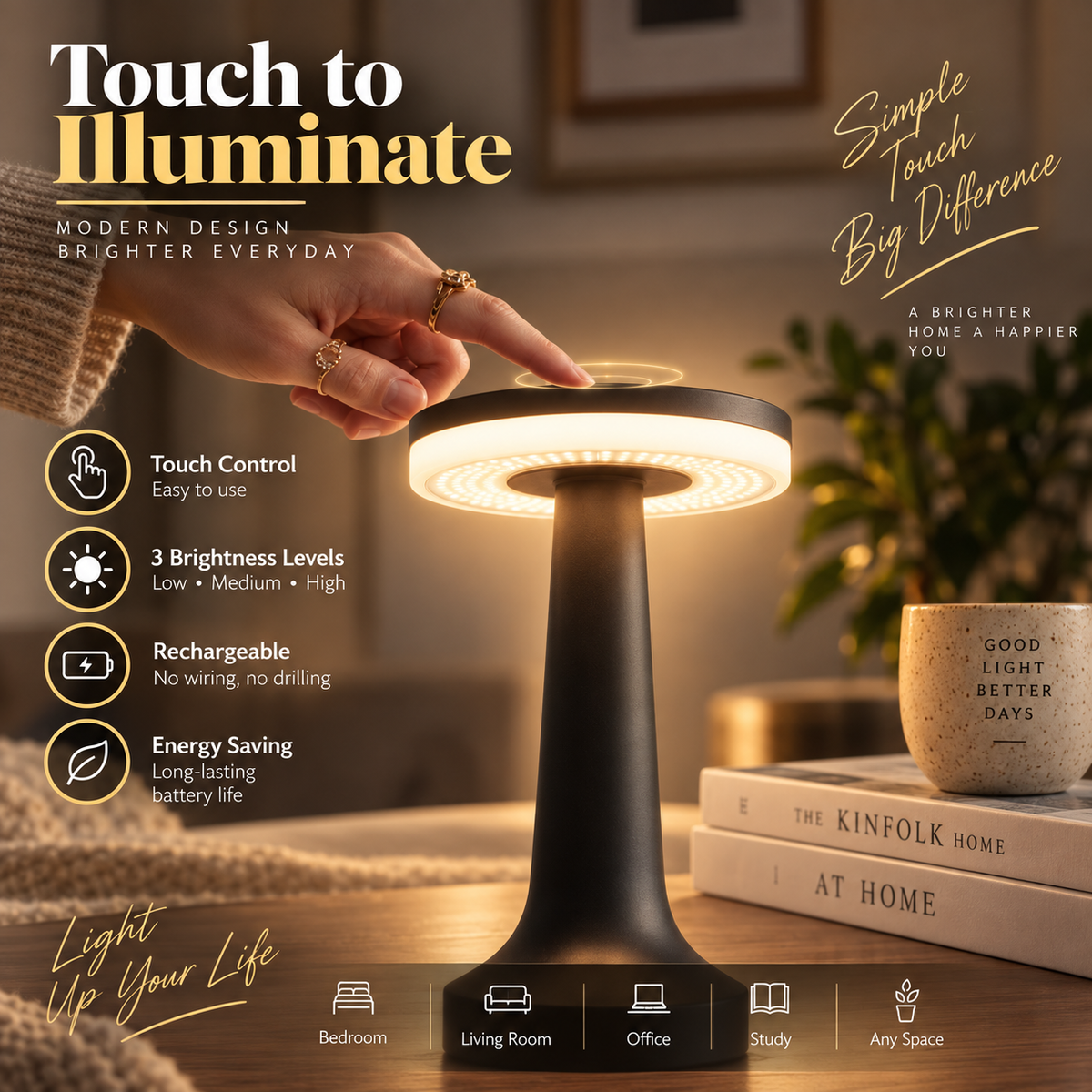 AuraGlow™ Cordless LED Table Lamp — Rechargeable &amp; Touch Dimmable