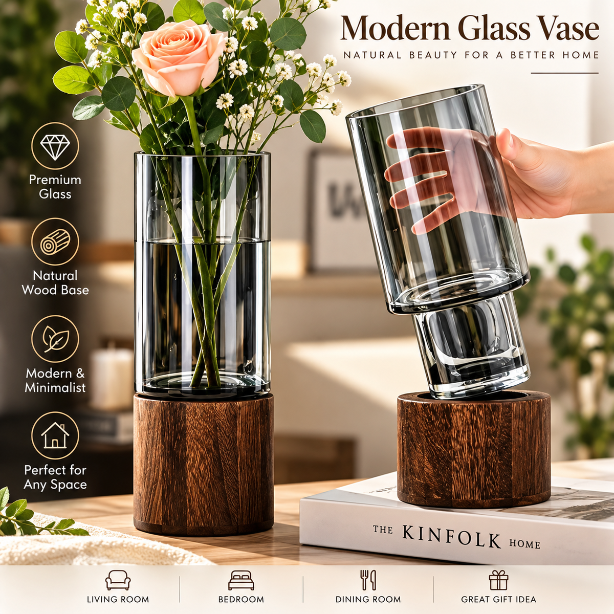 Elegante Glass Vase with Wooden Base