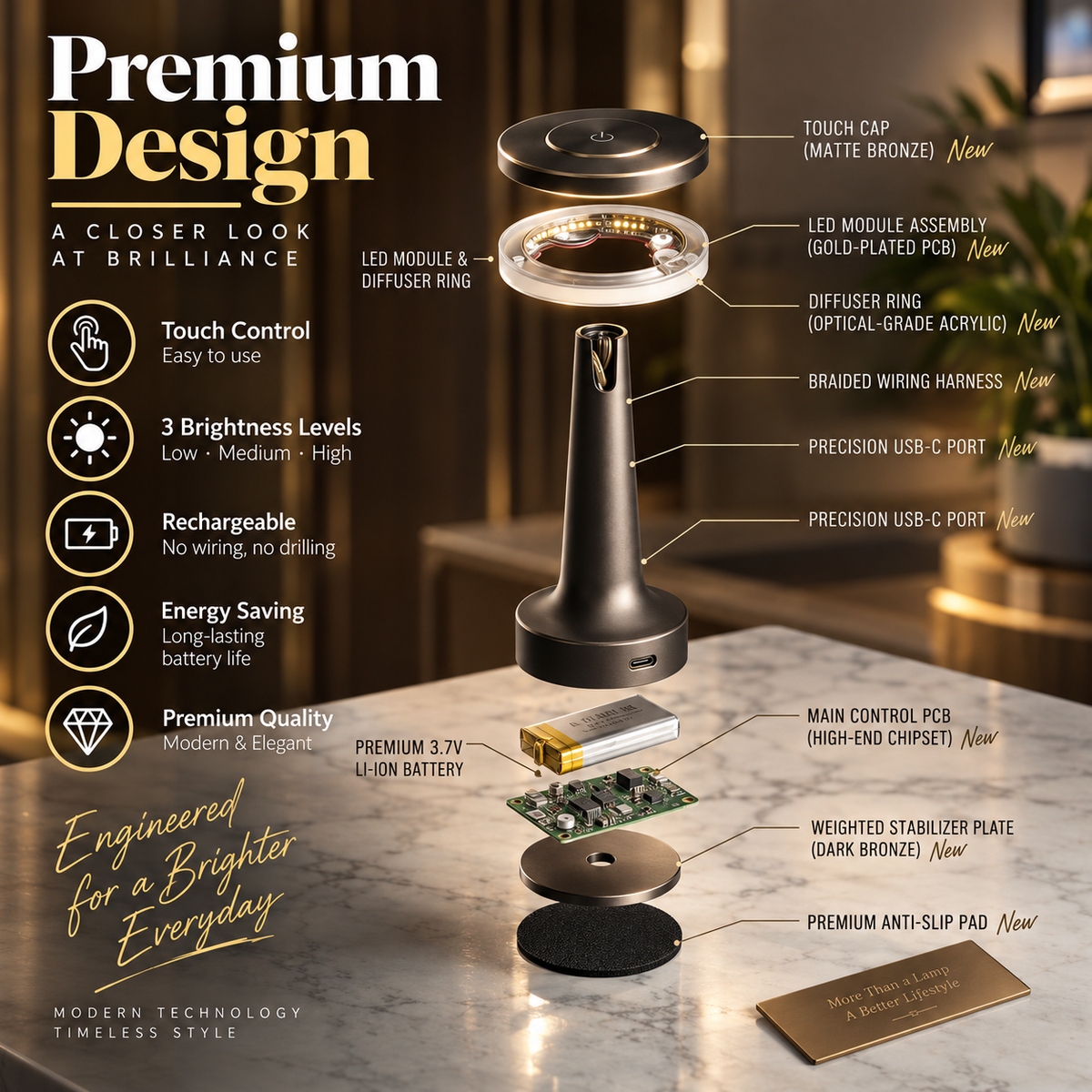 AuraGlow™ Cordless LED Table Lamp — Rechargeable &amp; Touch Dimmable